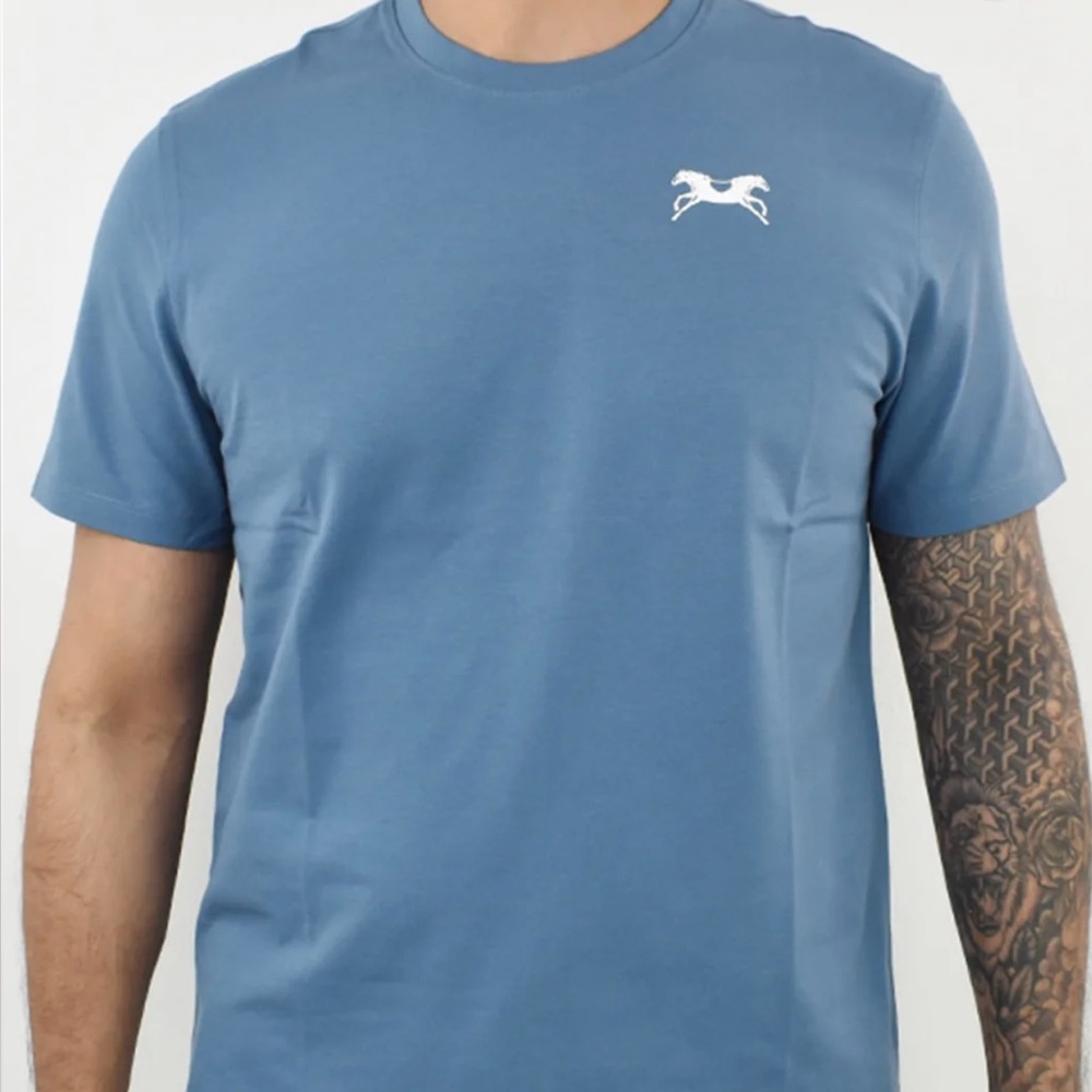 Classic Blue Short Sleeve Tee with Crew Neck and white logo.